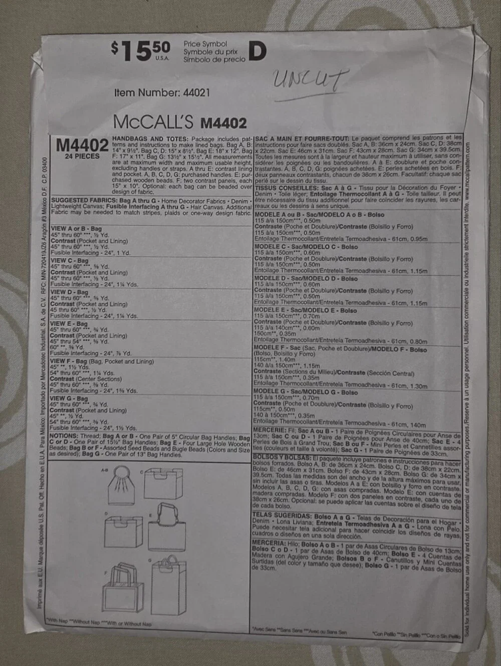 Sewing Pattern M4402 McCall's Fashion Accessories Floral Tote Bag Multicolor